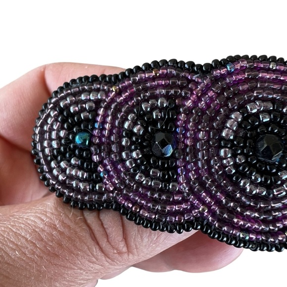 Vintage Seed Beaded Overlapping Circle Hair Clip Purple Black Taiwan 4” - Picture 8 of 13